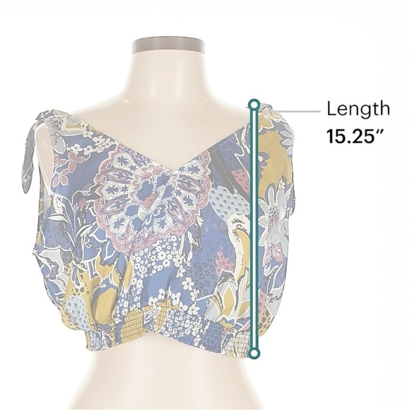 Free People Crop Top Large Blue Gold Weekend In Montauk Floral Smocked NWT - Picture 6 of 14